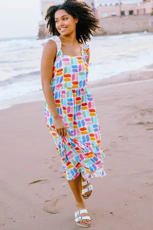Estelle Shirred Midi Sundress - Off-White. Curved Geometric