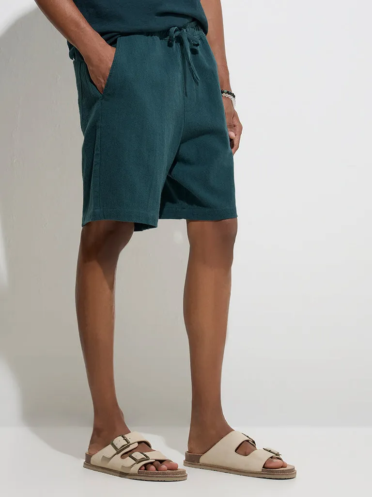 ETA Dark Teal Relaxed-Fit Mid-Rise Cotton Shorts