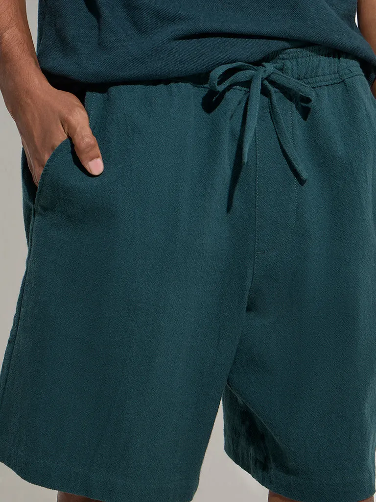 ETA Dark Teal Relaxed-Fit Mid-Rise Cotton Shorts