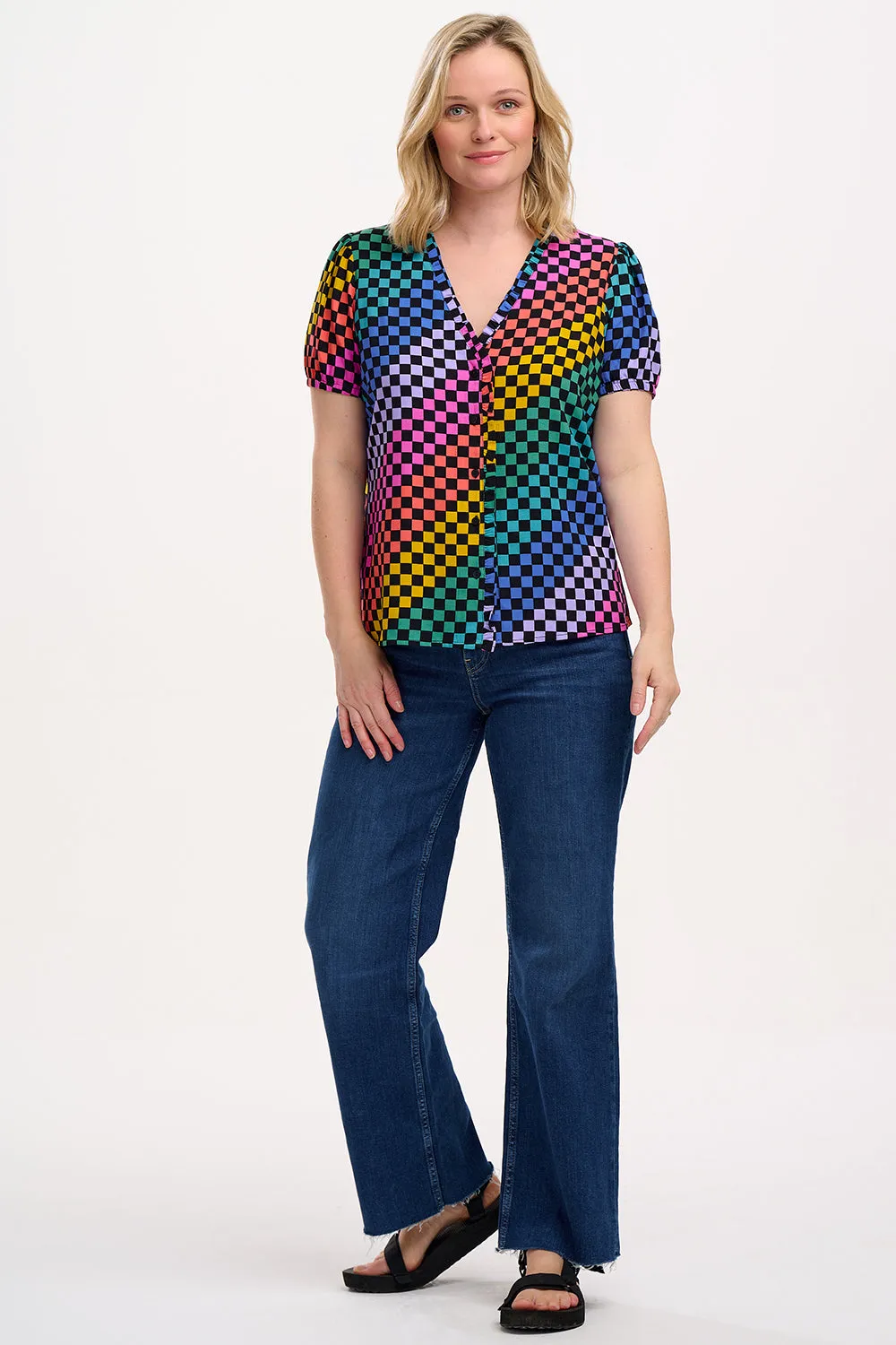 Freesia Frill Blouse - Black/Multi. Rainbow Checkerboard