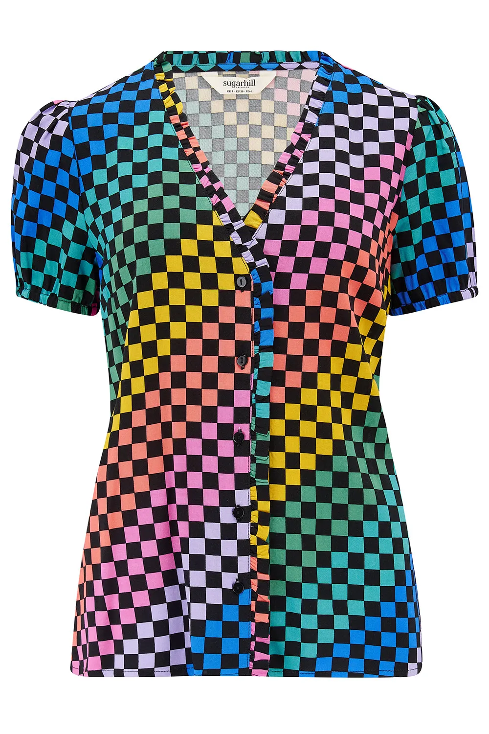 Freesia Frill Blouse - Black/Multi. Rainbow Checkerboard