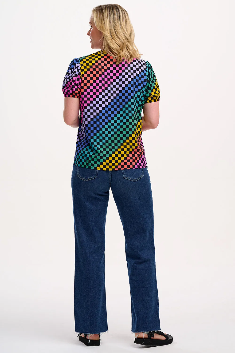 Freesia Frill Blouse - Black/Multi. Rainbow Checkerboard