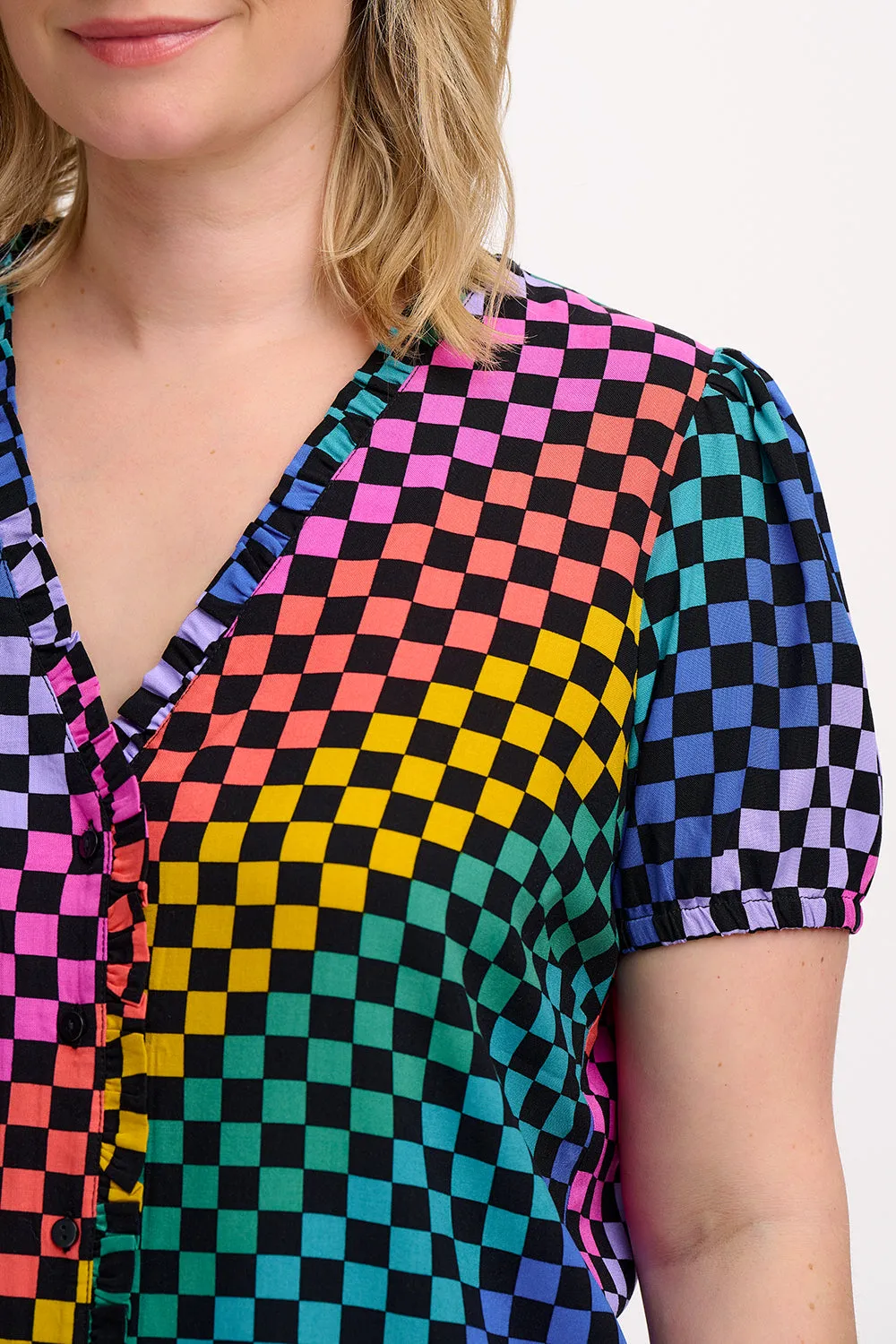 Freesia Frill Blouse - Black/Multi. Rainbow Checkerboard