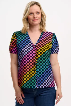 Freesia Frill Blouse - Black/Multi. Rainbow Checkerboard