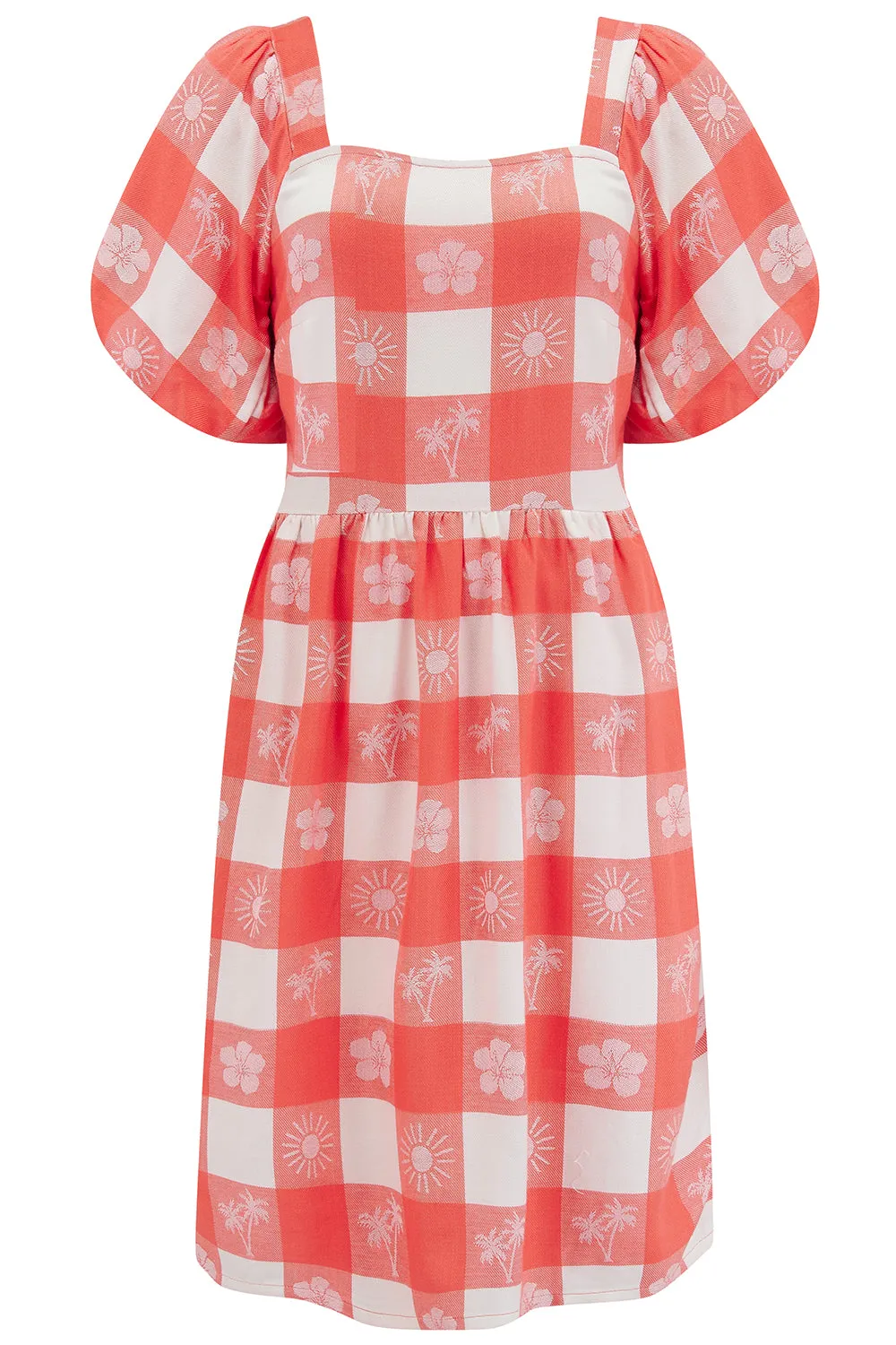 Freya Mini Dress - Off-White/Coral. Tropical Gingham