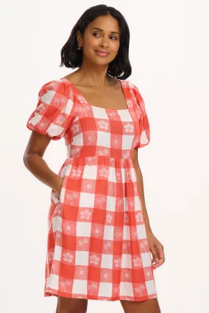 Freya Mini Dress - Off-White/Coral. Tropical Gingham