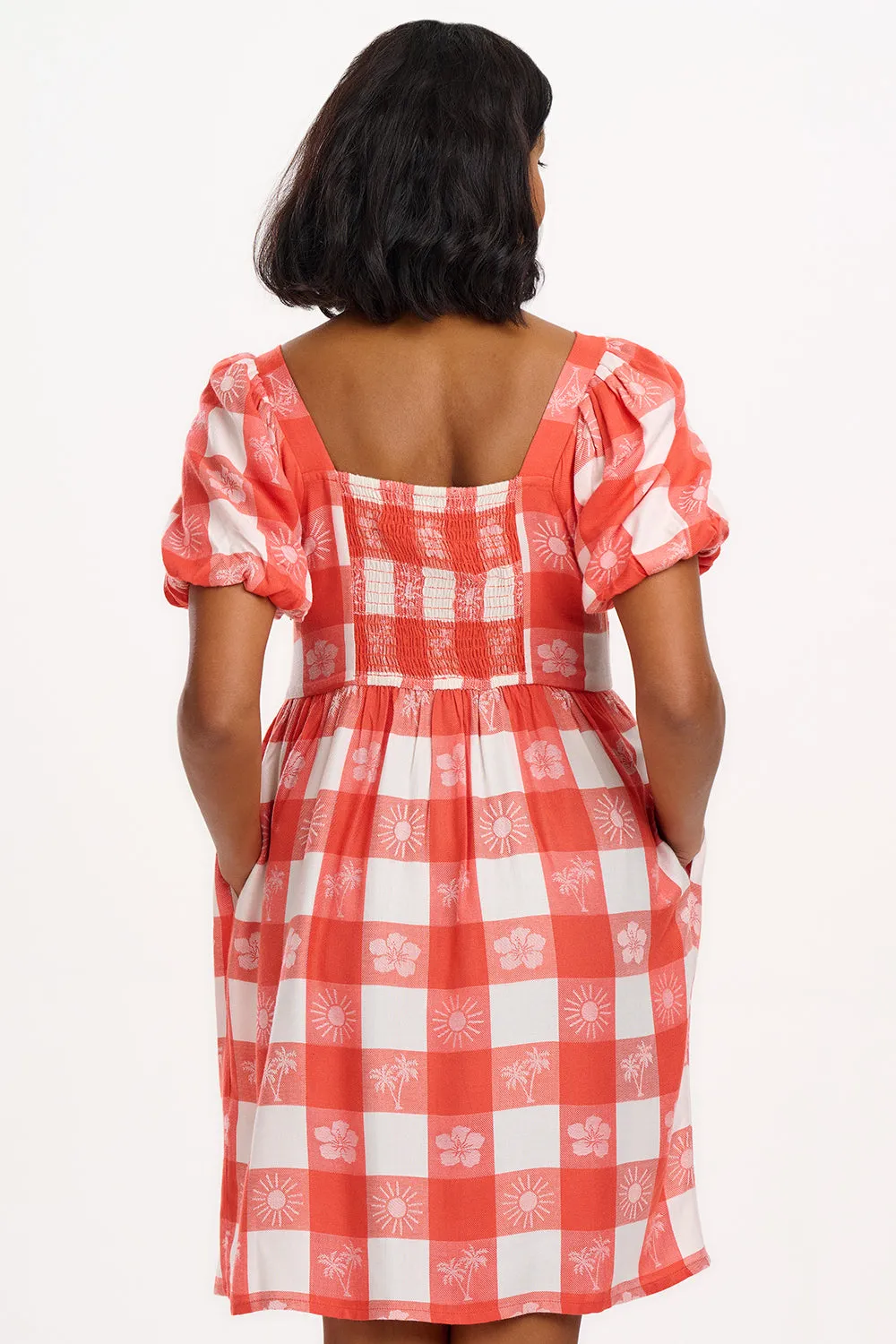 Freya Mini Dress - Off-White/Coral. Tropical Gingham