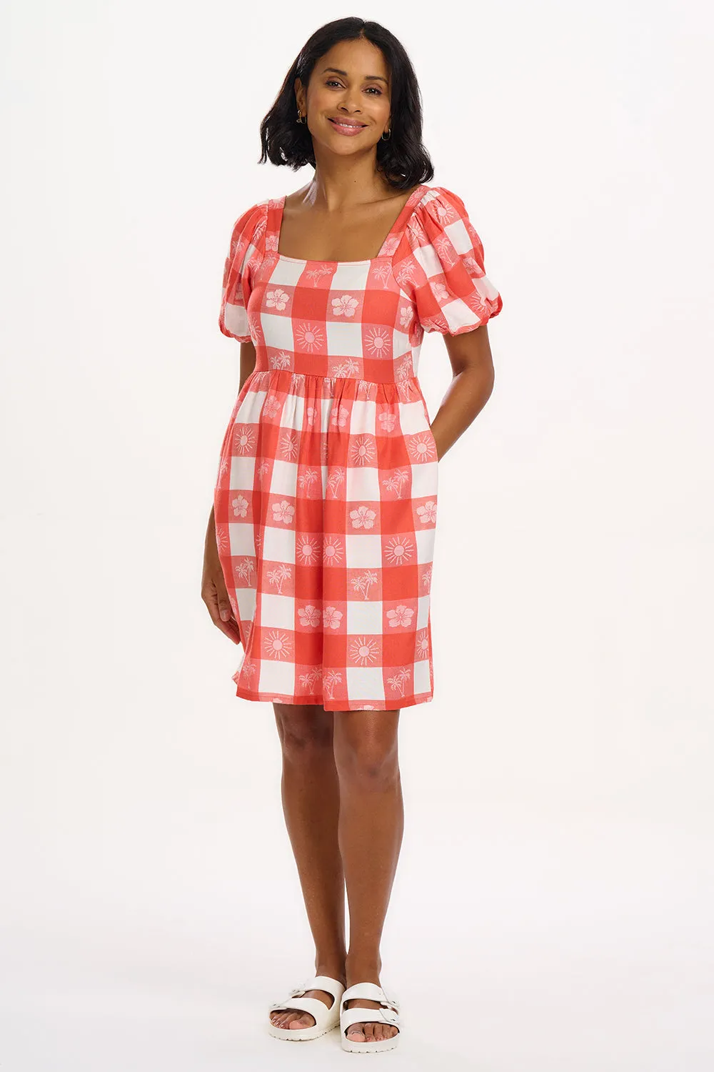 Freya Mini Dress - Off-White/Coral. Tropical Gingham