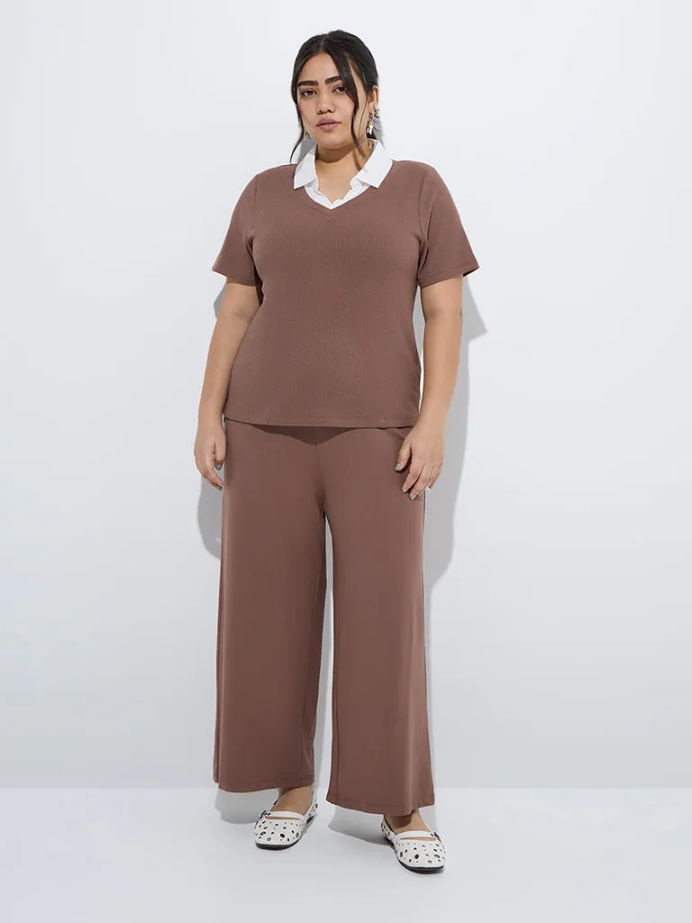 Gia Brown Ribbed-Textured T-Shirt