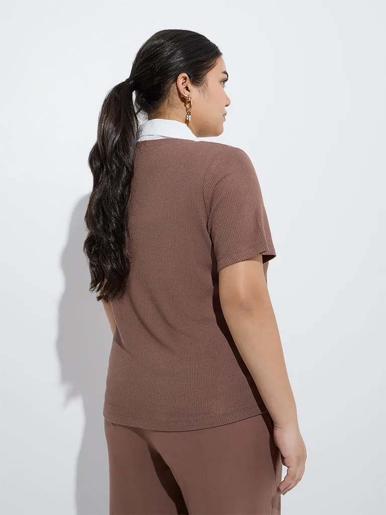 Gia Brown Ribbed-Textured T-Shirt