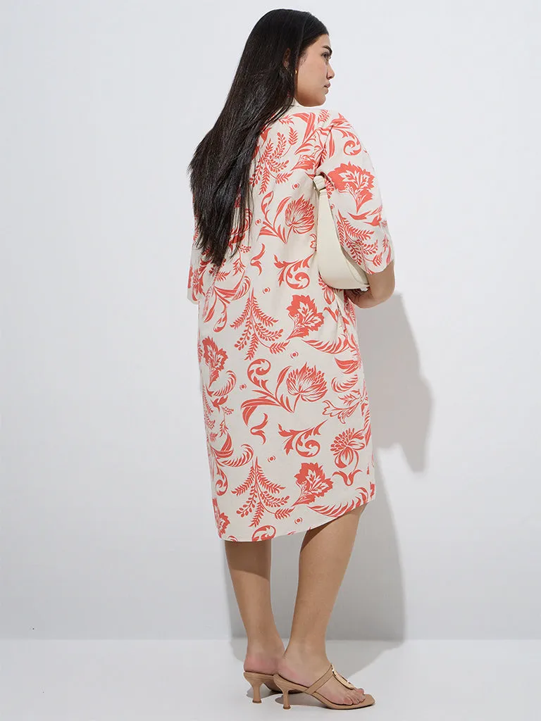 Gia Coral Floral Pattern Cotton-Blend Shirt Dress