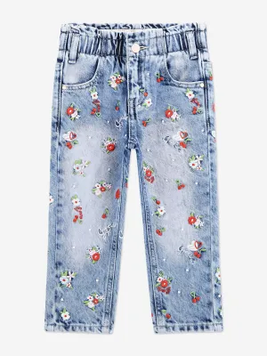 Girls Floral Paperbag Jeans in Blue
