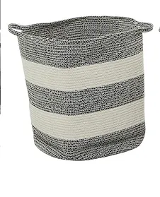 GRAY COTTON HANDMADE STRIPED STORAGE BASKET WITH HANDLES