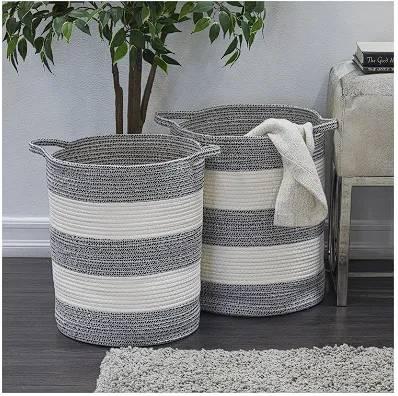 GRAY COTTON HANDMADE STRIPED STORAGE BASKET WITH HANDLES