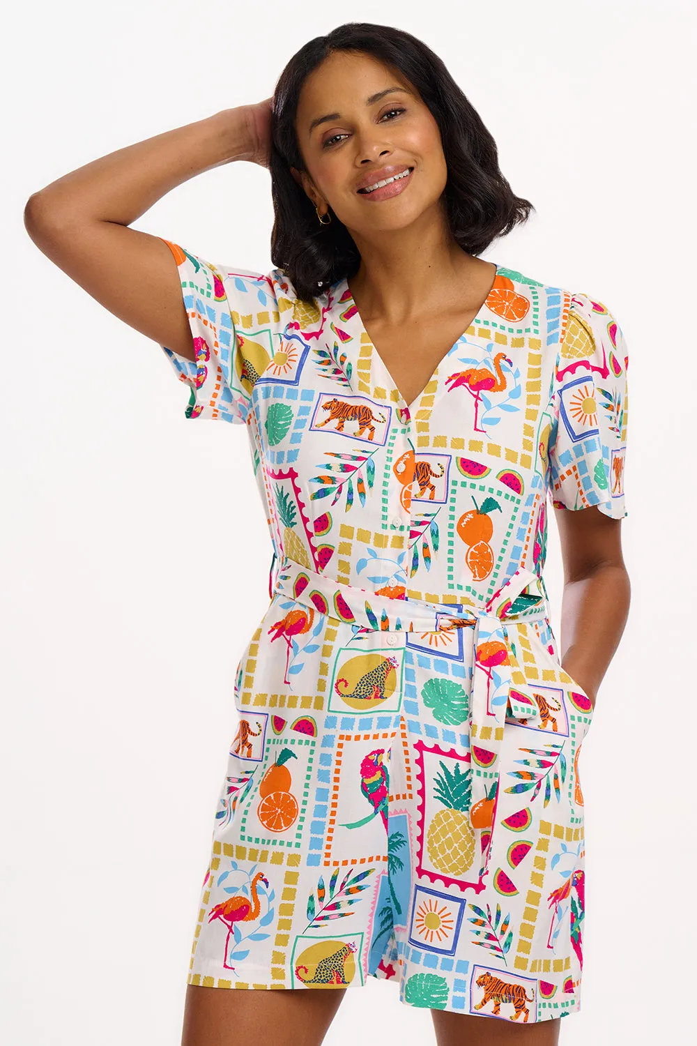 Gweneth Playsuit - Off-White. Jungle Tile