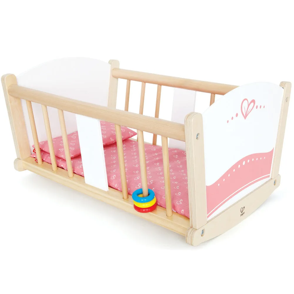 Hape Rock-A-Bye Baby Doll Cradle, Pink & White - Wooden Doll Cradle Playset