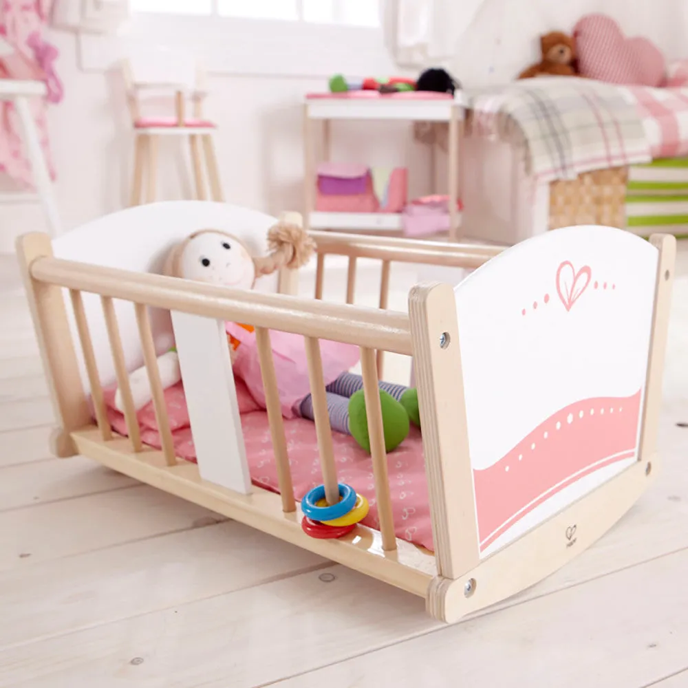 Hape Rock-A-Bye Baby Doll Cradle, Pink & White - Wooden Doll Cradle Playset
