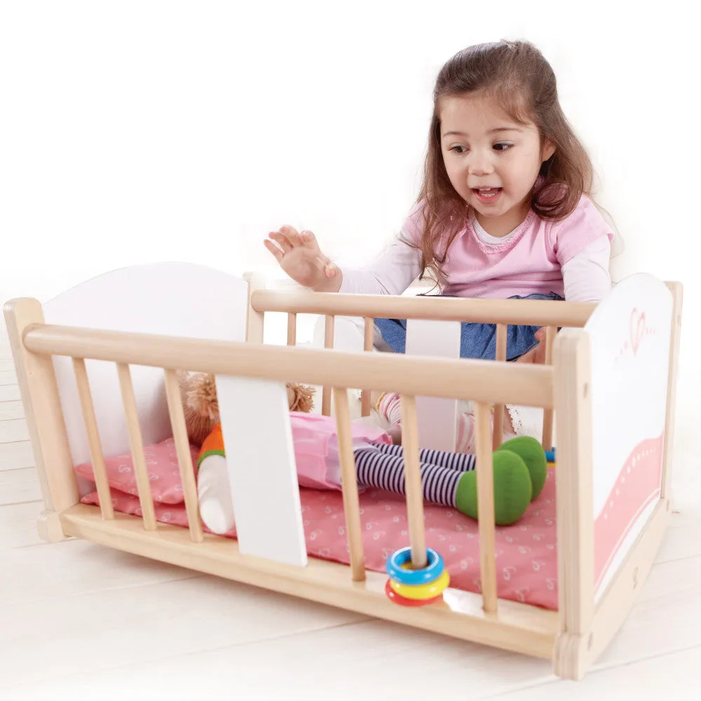 Hape Rock-A-Bye Baby Doll Cradle, Pink & White - Wooden Doll Cradle Playset