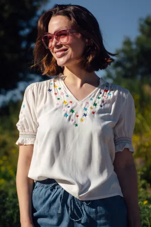 Haydee Shirred Top - Off White. Rainbow Stars