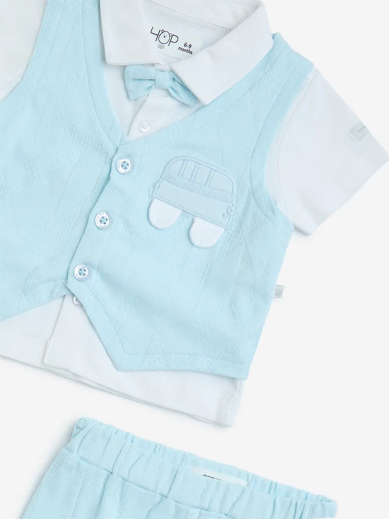 HOP Baby Blue Cotton-Blend Shirt. Waistcoat. Shorts and Bow