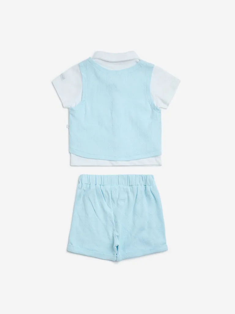 HOP Baby Blue Cotton-Blend Shirt. Waistcoat. Shorts and Bow