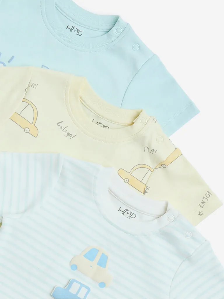 HOP Baby Blue Printed Cotton T-Shirts - Pack of 3