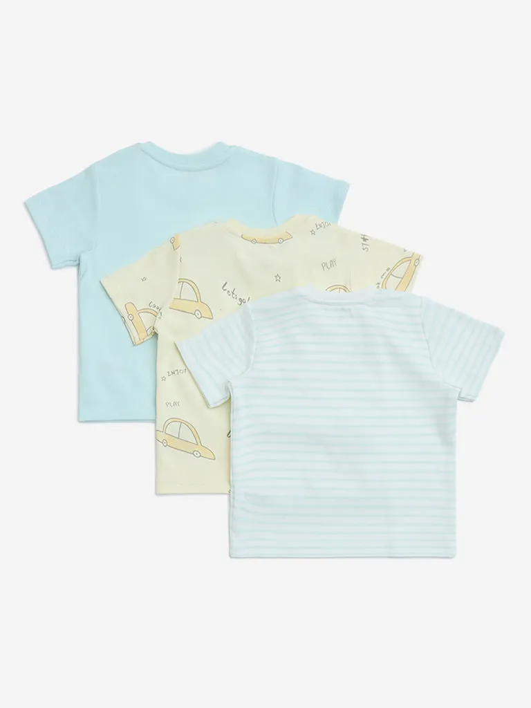 HOP Baby Blue Printed Cotton T-Shirts - Pack of 3
