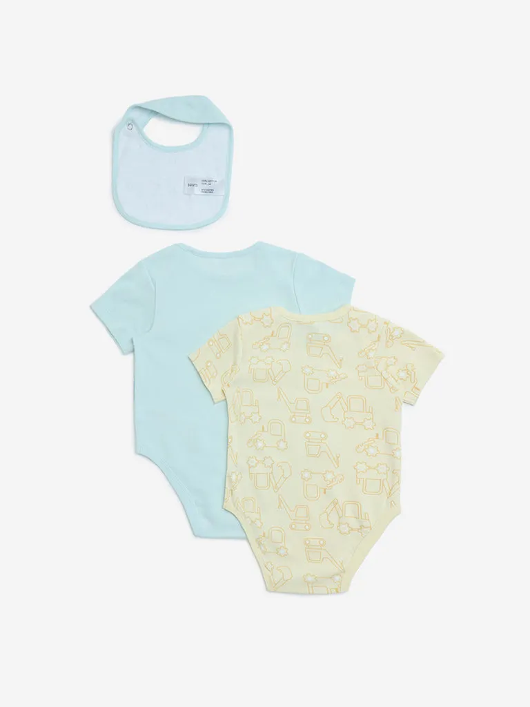 HOP Baby Multicolour Cotton Rompers with Bib - Pack of 2
