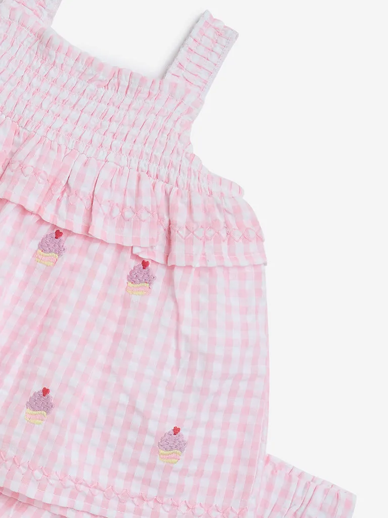 HOP Baby Pink Checkered Cotton Top with Shorts Set