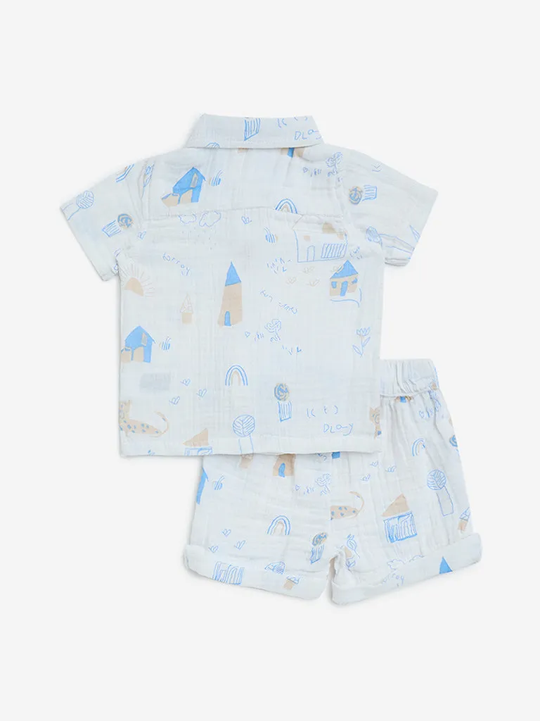 HOP Baby White Printed Cotton Shirt with Shorts Set
