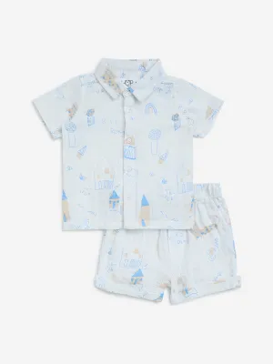 HOP Baby White Printed Cotton Shirt with Shorts Set