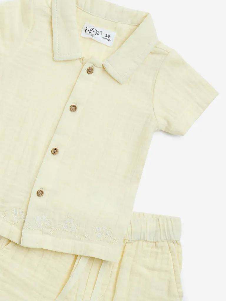 HOP Baby Yellow Textured Cotton Shirt with Shorts Set