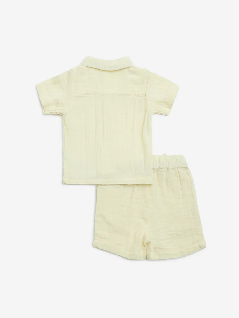 HOP Baby Yellow Textured Cotton Shirt with Shorts Set