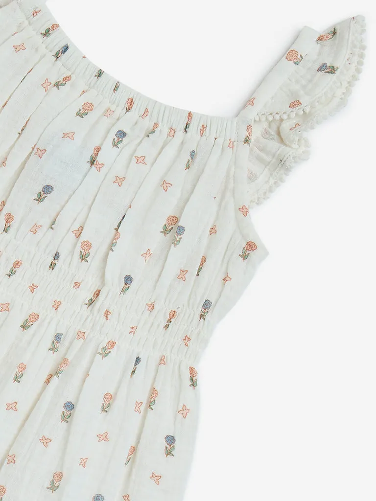 HOP Kids Beige Floral Design Tiered Cotton Dress