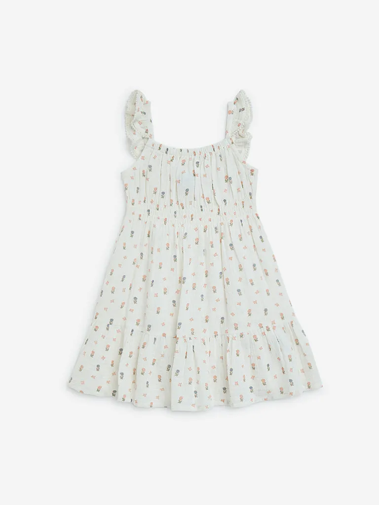 HOP Kids Beige Floral Design Tiered Cotton Dress