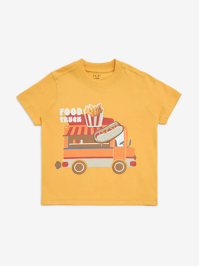 HOP Kids Orange Printed Cotton T-Shirt
