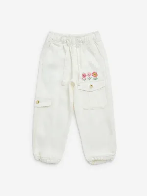 HOP Kids White Floral Embroidered High-Rise Joggers