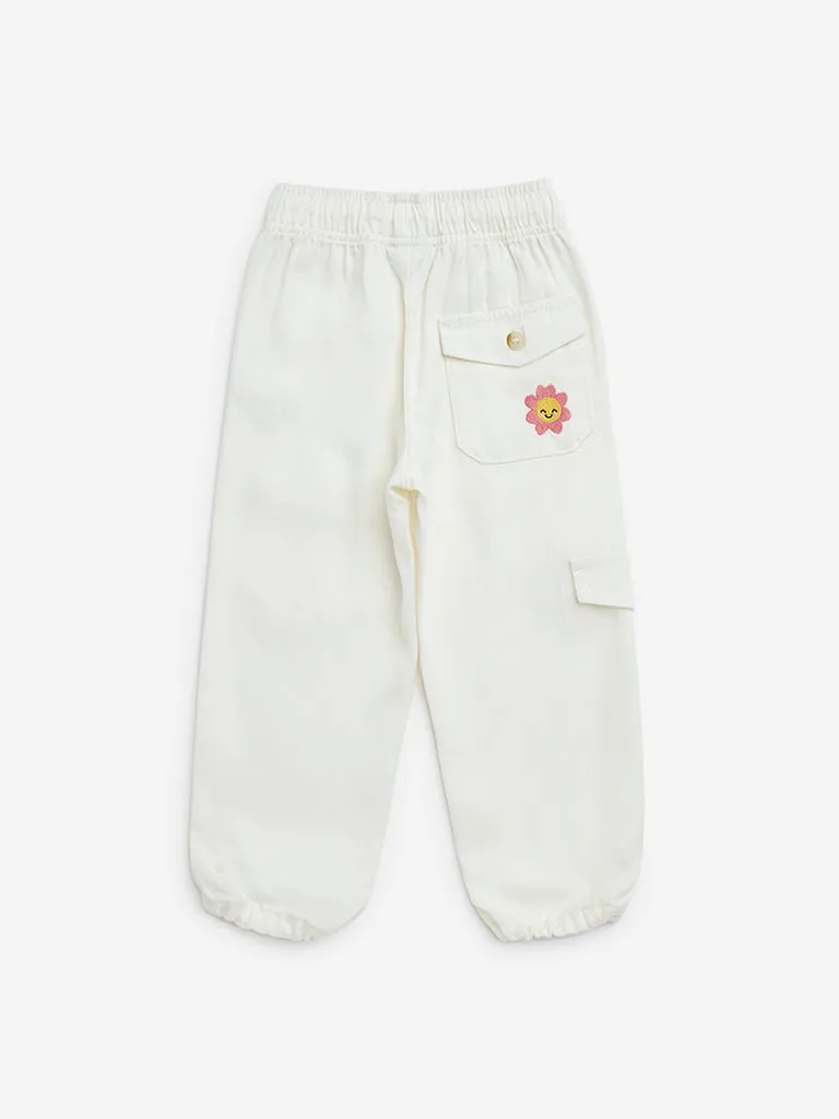 HOP Kids White Floral Embroidered High-Rise Joggers
