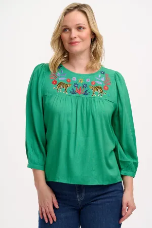 Hyma Top - Green. Leopard Floral