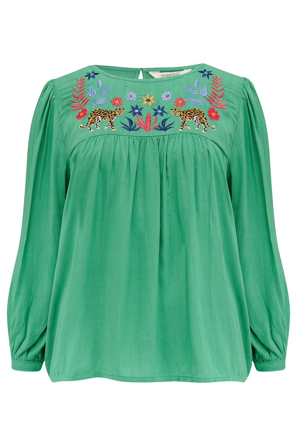 Hyma Top - Green. Leopard Floral