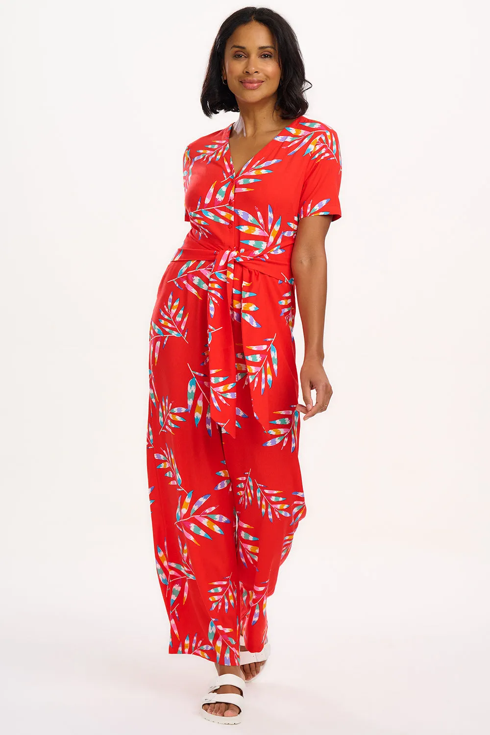 Isadora Jumpsuit - Red. Rainbow Fronds