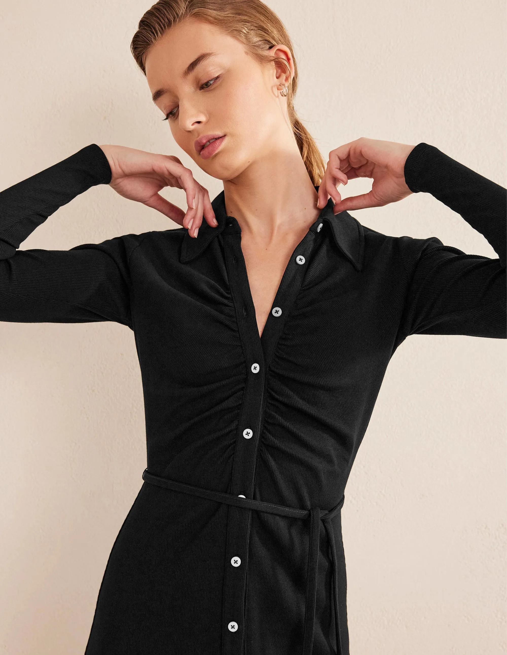Jersey Ribbed Midi Shirt Dress-Black