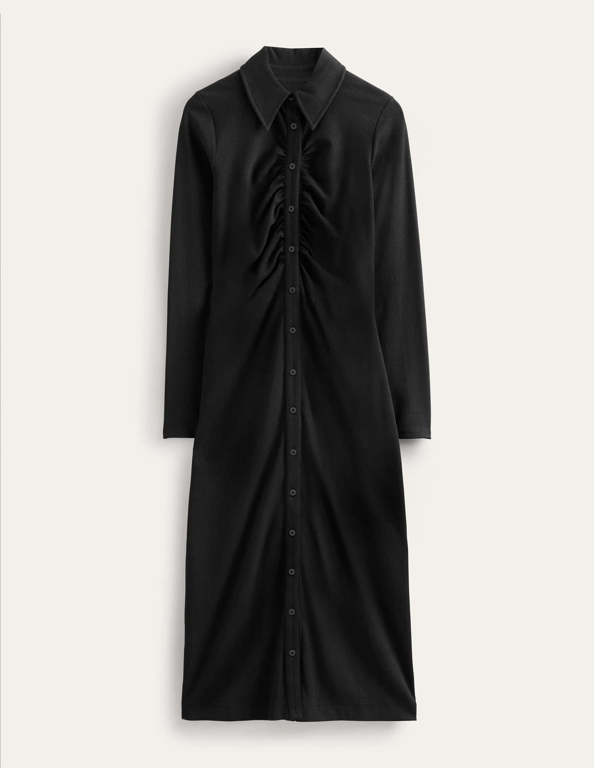 Jersey Ribbed Midi Shirt Dress-Black