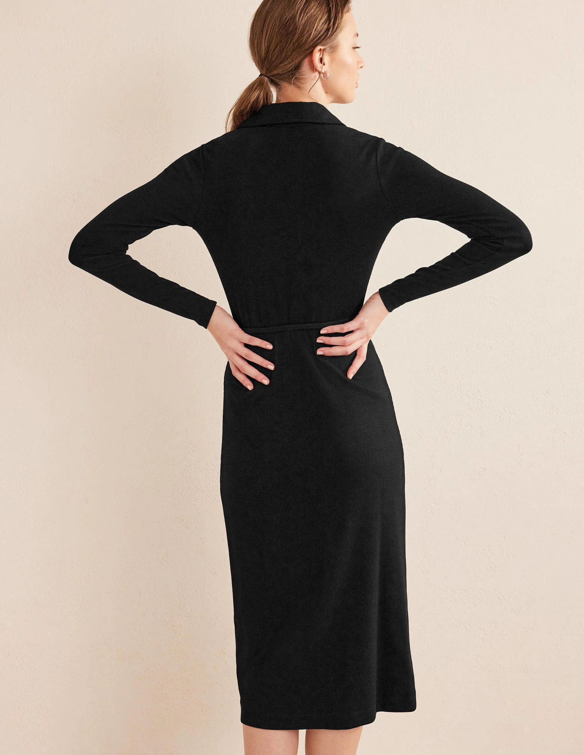 Jersey Ribbed Midi Shirt Dress-Black