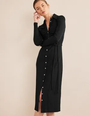 Jersey Ribbed Midi Shirt Dress-Black