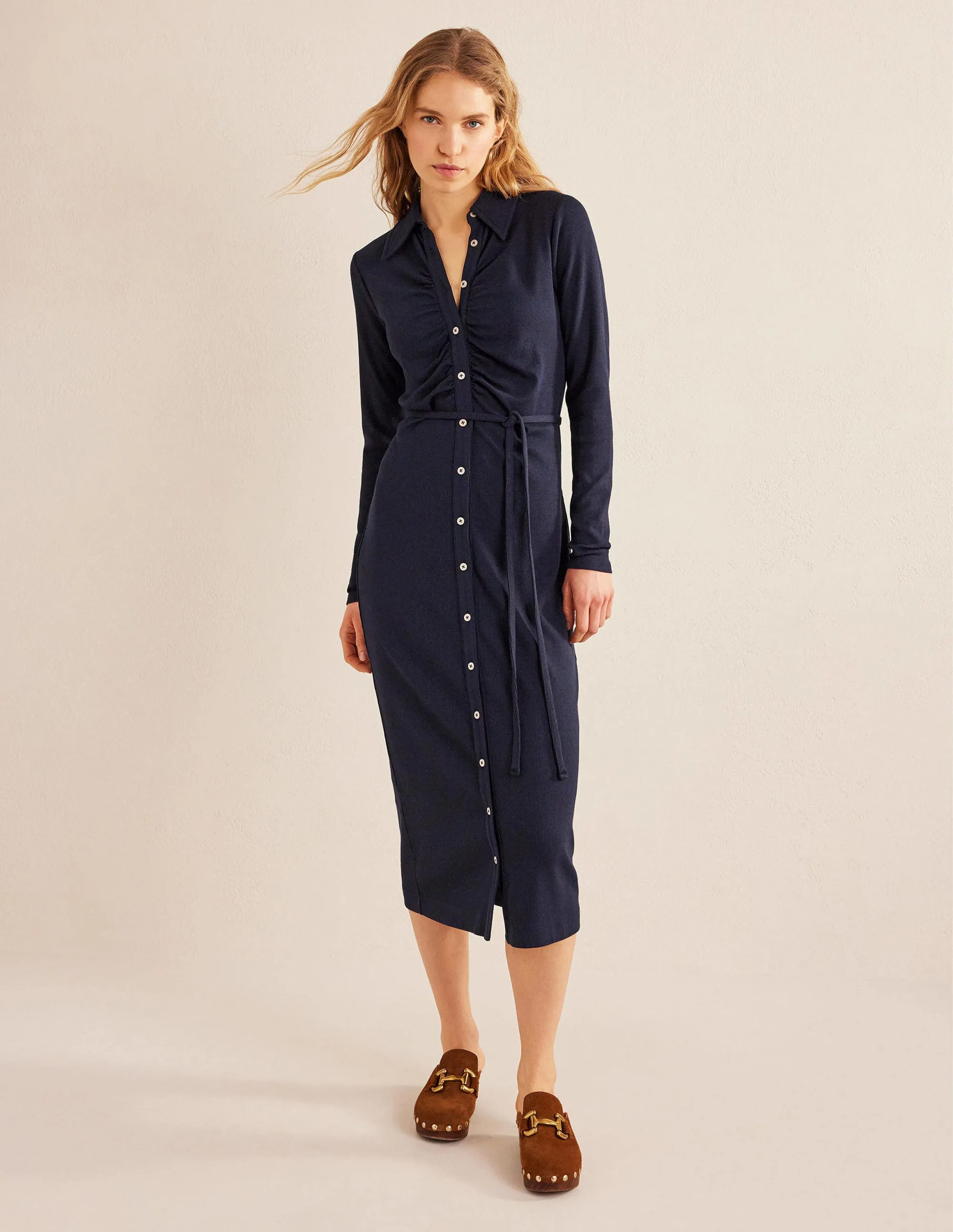 Jersey Ribbed Midi Shirt Dress-Navy