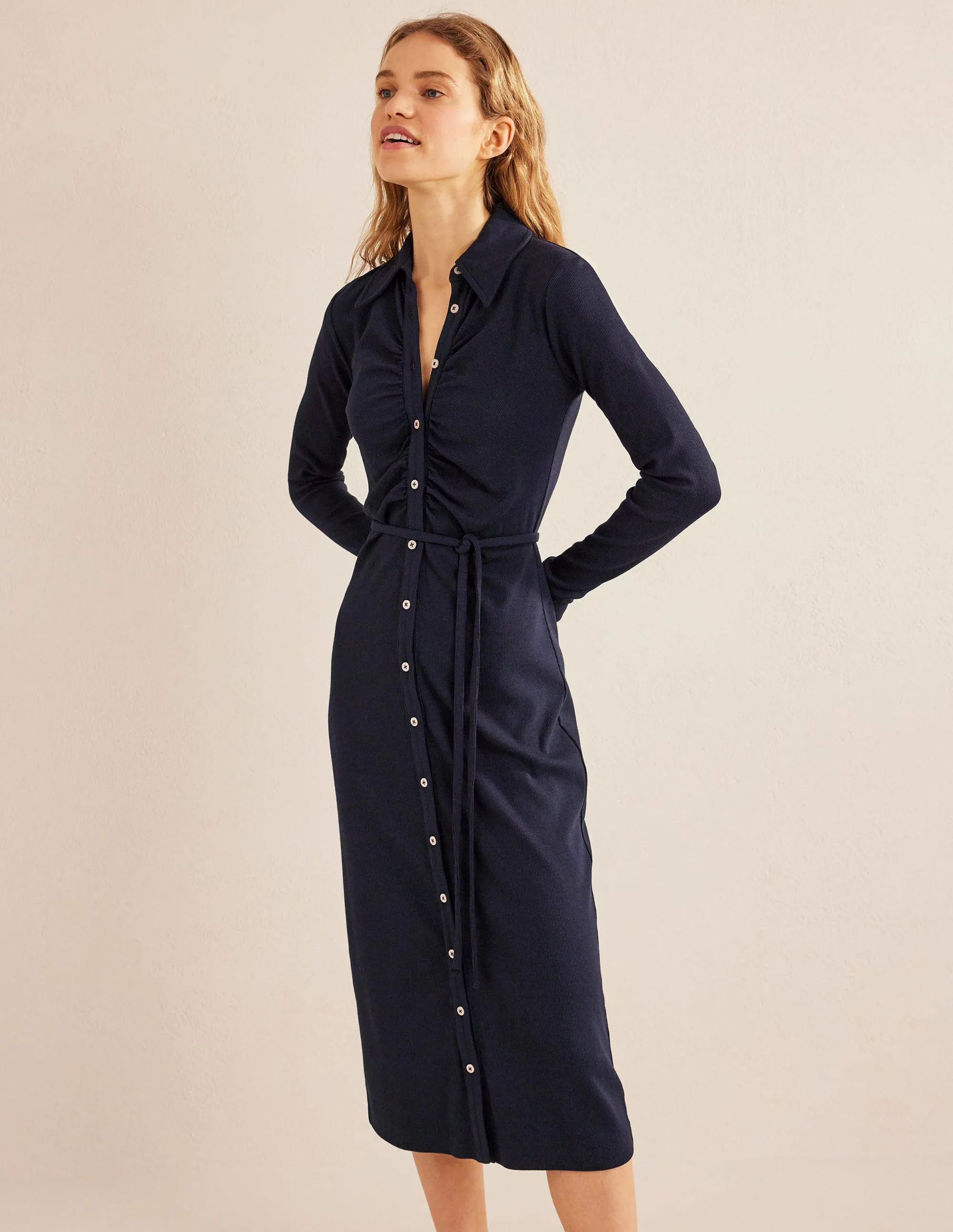 Jersey Ribbed Midi Shirt Dress-Navy