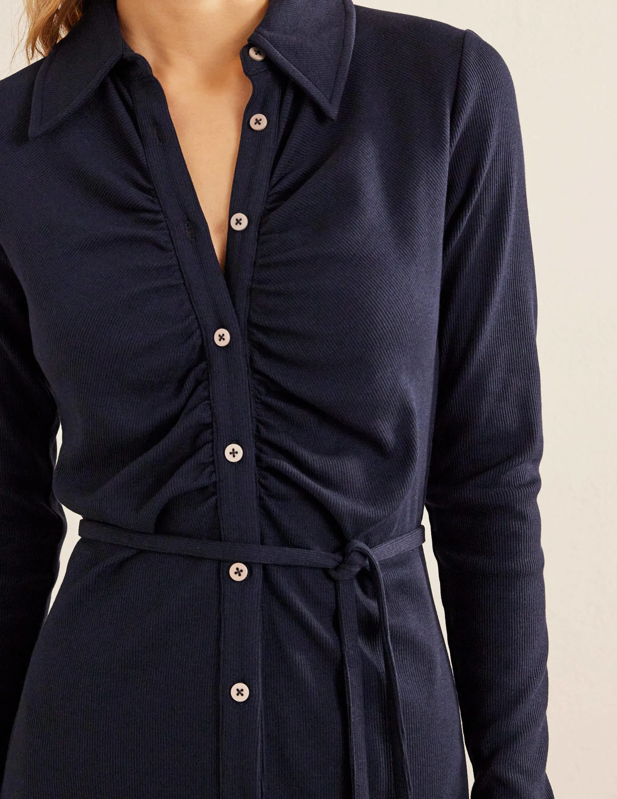 Jersey Ribbed Midi Shirt Dress-Navy