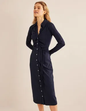 Jersey Ribbed Midi Shirt Dress-Navy