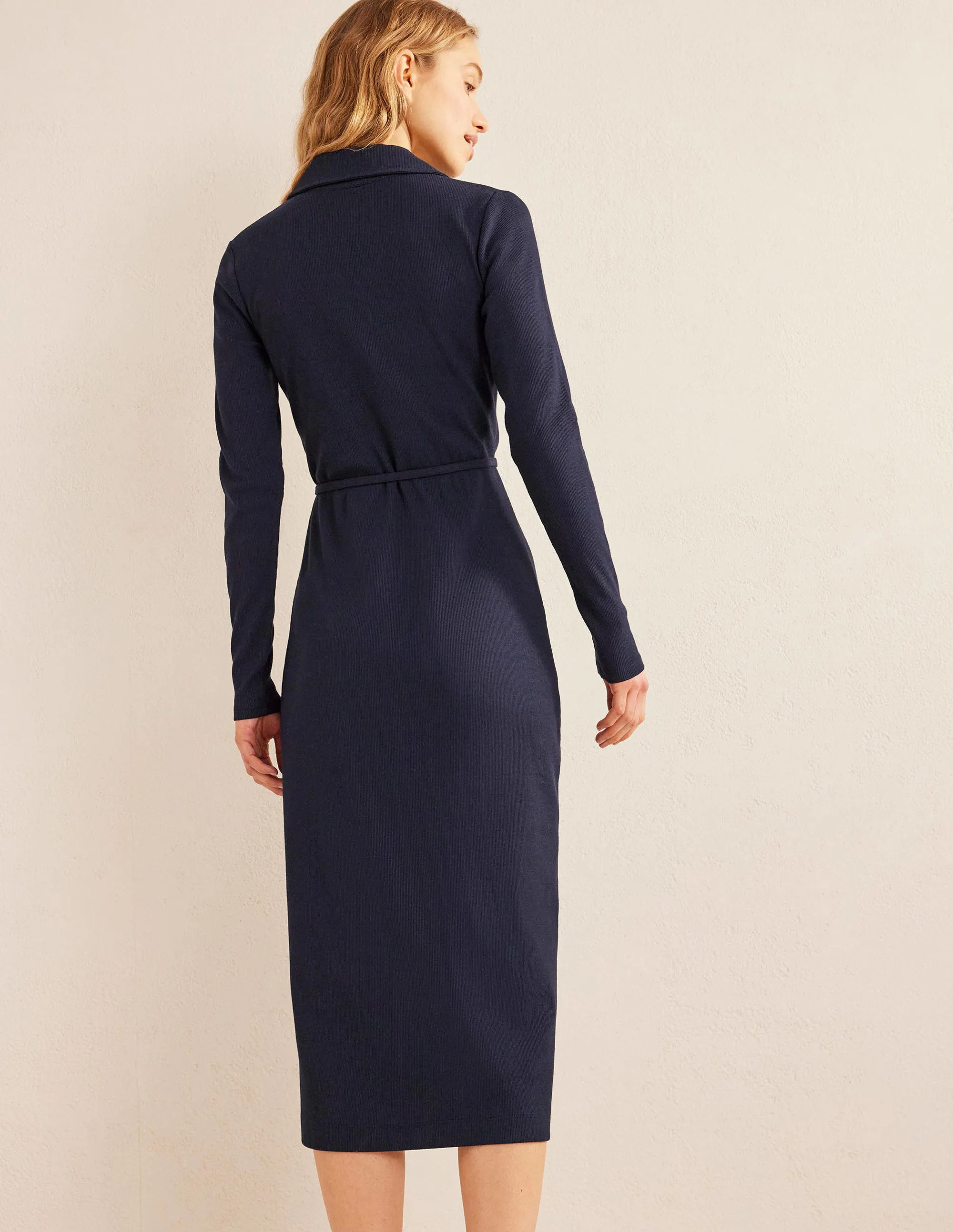 Jersey Ribbed Midi Shirt Dress-Navy